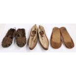 Three pairs of Greek sandals, to include a bound leather pair, a rattan pair and a leather and