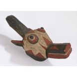 Bamana Mali zoomorphic mask, painted in red and black, with ears and a horn to the top above