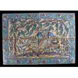 Large Persian moulded pottery tile, Qajar, with a figure on horseback hunting with a dog, an