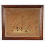 19th Century sailor's wool work type picture, worked in silks depicting a three-masted barque