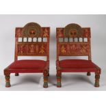 Pair of Rajasthani folding low chairs, with brightly polychrome decorated backs with a carved
