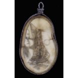 19th Century scrimshaw pendant of a narwhal tusk section, the front incised with a ship on a rough