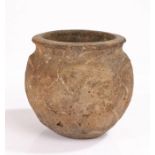 Chinese Warring States period (475-221 BC) grey pottery jar, the circular body three sunken handles,