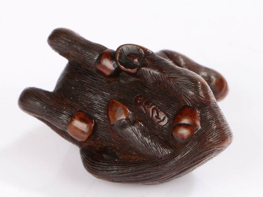 Japanese wood Netsuke of a horse, by Sari, Iwashiro Province, 19th century, signed in an oval to the - Image 2 of 2