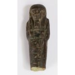 Ancient Egyptian Shabti, with hieroglyphs to the front an back, turquoise composite, base missing,