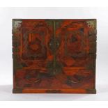 Japanese Meiji period scholars table top parquetry and brass bound cabinet, the rectangular