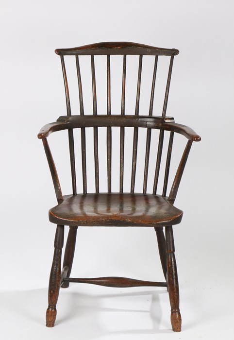 English 19th Century stick back Windsor ash and elm painted armchair, the arched top rail above a