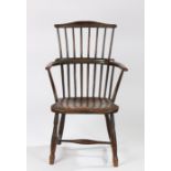 English 19th Century stick back Windsor ash and elm painted armchair, the arched top rail above a