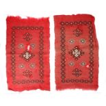 Pair of Greek rugs, with diamond design to the hand woven rugs of small size, 82cm x 49cm.