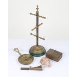 19th Century brass chamber stick, with Gothic decorations, a brass State Express Cigarettes box,