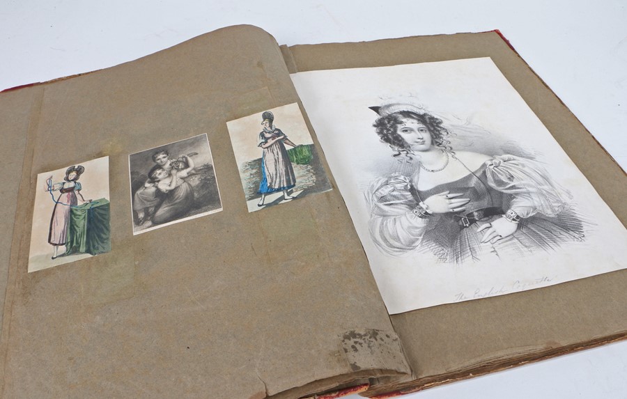 19th Century scrap album of French watercolours, engravings and prints, depicting mostly costumes,