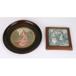 Aesthetic Movement Pre-Raphaelite style silk work picture, housed in a glazed oak frame, 27.5cm