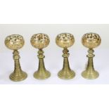 Set of four green roemer glasses, the gilt foliate decorated bowls above strawberry prunt and