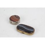 Brown banded agate and brass vesta case, the interior containing two small leather pockets with