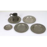 Four pewter dishes with London touchmarks for B&P, 18cm diameter, small matching dish 10.5cm