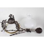 19th Century brass and wrought iron hanging oil lamp, with acanthus decorations, with glass shade