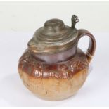 19th Century stoneware jug, with white metal hinged lid and rim, decorated with tavern scenes,13cm