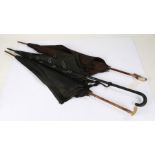 Victorian parasol with carved ebonised handle, parasol with mother of pearl and metal mounted