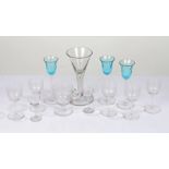 19th Century wine glass, with flared bowl above a bubble decorated stem, five liqueur glasses with