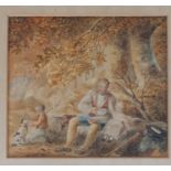 19th Century watercolour, woodland scene with father feeding his daughter whilst seated on a log