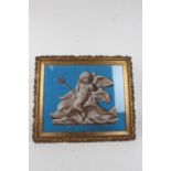 Victorian beadwork picture depicting a putti straddling a dolphin, holding a trident, on a blue