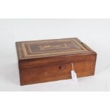 19th Century inlaid sewing box, the hinged lid depicting three figures, opening to reveal a fitted