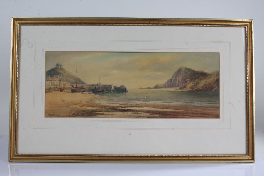 W. Harlings, harbour scene with boats and harbour wall, signed watercolour, housed in a gilt and