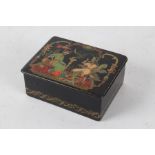 20th Century Russian lacquer box, hinged cover depicting two brightly decorated figures,10cm wide