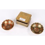 Two Brass and painted dishes together with a brass box depicting Cyprus (3)