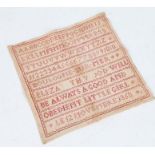 Mid 19th Century needlework sampler, with upper & lower case alphabet and numerals, above "