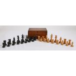 Staunton pattern boxwood and ebony weighted chess set, housed in a mahogany box