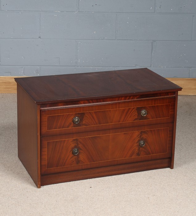 Reproduction mahogany chest fitted single drawer above a drop front compartment, 88cm wide