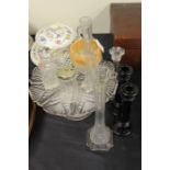 Glassware to include pair of green glass candlesticks, tazza, spill vases, basket etc. (qty)