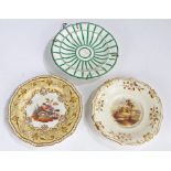 19th Century Derby porcelain plate, painted with a ruin and two figures fishing to the foreground,