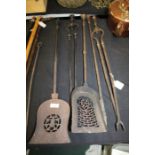 Pair of steel fire irons, painted in black, and three other steel fire irons (5)