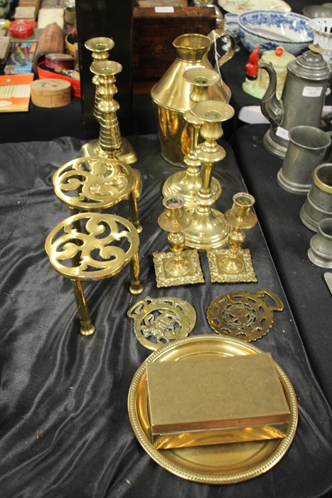 Collection of metal ware, to include three pairs of candlesticks, two stands, a Japanese box,