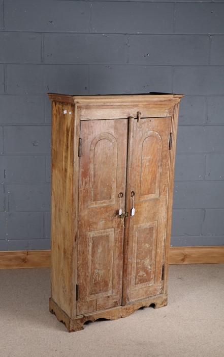 Indian rustic painted cupboard of narrow proportions, the pair of panelled doors enclosing three