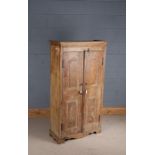 Indian rustic painted cupboard of narrow proportions, the pair of panelled doors enclosing three