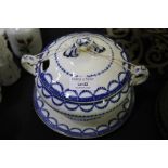 Cresent ware, blue and white tureen and plate
