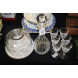 Sherry decanter and six glasses, glass cheese dome with grey marble base (8)