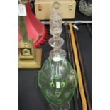 Hobnail cut glass decanter, two glass candlesticks, oval green glass bowl (4)