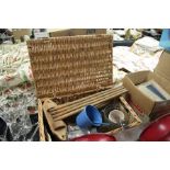 Wicker picnic basket and contents of various kitchenalia (qty)