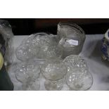 Glassware, to include five cut wine glasses, set of eight hors d'oevres dishes, pot with lid, and