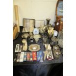 Mixed silver plate, to include, cutlery, coffee pot, vase, souvenir spoons, serviette rings, photo