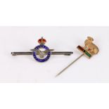 Silver and enamel decorated RAF bar brooch, stick pin with sheep form terminal, 6.4g (2)