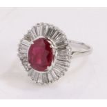 Ruby and diamond set ring, the central ruby at 1.79 carats and an undulating baguette diamond set