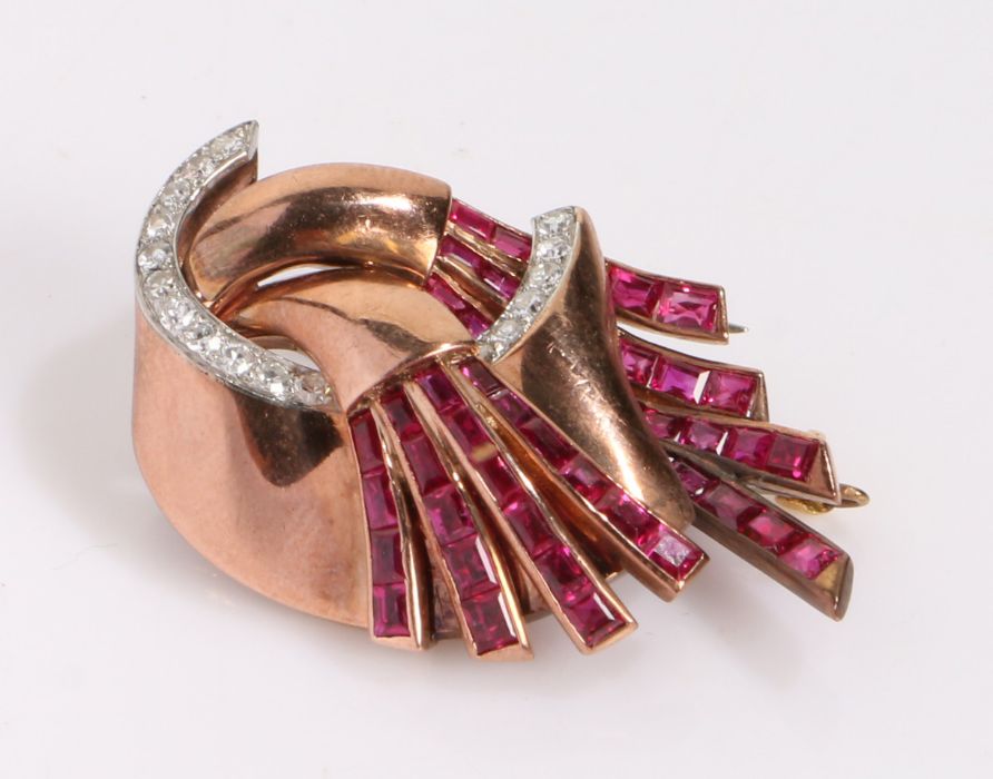 Gold, ruby and diamond set brooch, with central crescent of sixteen diamonds and baguette cut rubies