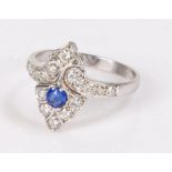 Sapphire set ring, the shaped head with a sapphire set at an estimated 0.35 carats and surrounded by