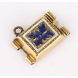 gold, blue and white enamel decorated clasp, 16mm wide, 10mm high, 12.5mm high including loop, 2.8g