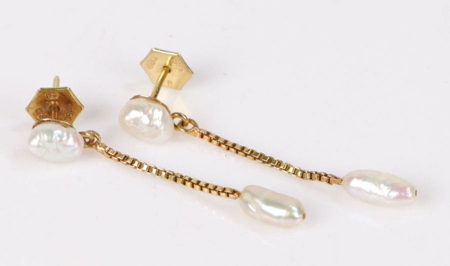 Pair of 14 carat gold and pearl set earrings, the pearl set pins each with a pearl drop, 38.5mm